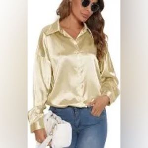 Oversized Button Down Blouse with Pocket- Beige New 2022